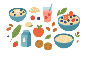Set of healthy breakfast food items including oatmeal porridge with berries, fruit smoothie, apple, nuts, and milk carton isolated on white background