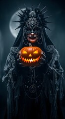 Woman dressed as dark queen or witch wearing an ornate mask and crown, holding illuminated jack o lantern against moonlit backdrop for Halloween celebration