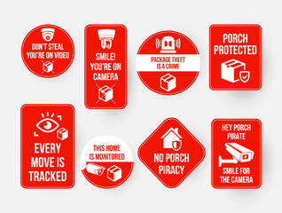 A set of red signs designed to protect against burglars, warning about video surveillance, parcel theft as a crime and home surveillance. These signs emphasize the safety of parcels.