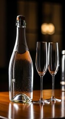 Elegant Champagne Celebration - Bottle and Flutes on Wooden Table.