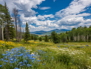 Fototapeta premium Wildflowers blooming in a mountain meadow landscape