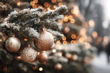 Macro close-up of decorated Christmas tree branch with ornaments, glittering lights and snow-dusted pine needles