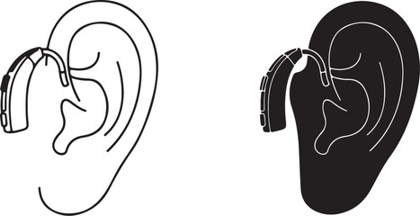 Vector art of hearing aid on ear, represents hearing loss, deafness, technology, and medical assistance