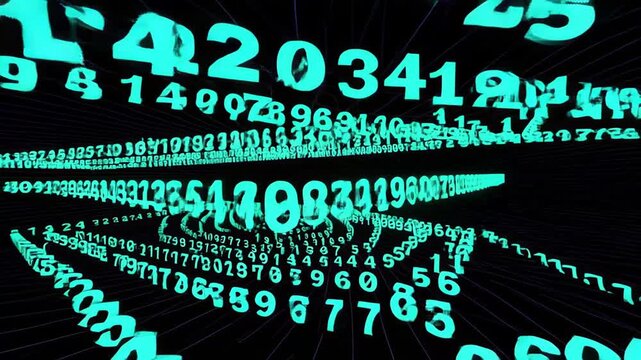 Glowing turquoise numbers stream through a dark digital tunnel, creating a dynamic and futuristic visualization of big data flow, coding, high-speed information transfer, and advanced technology syste