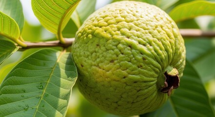 Obraz premium Close-up of a ripe guava fruit hanging on a branch with vibrant green leaves highlighting its