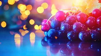 Fresh grapes sparkle under colorful lights in a vibrant setting