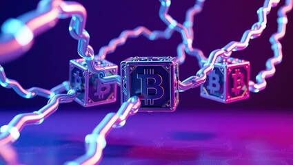 Three bitcoin cubes connected by chains under neon lights on a dark purple and blue background