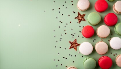 Top view of red, white and green macaron cookies on pale green background, glitter star shape decorations and copy space. Generated image