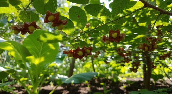 Delicate sauropus androgynus flowers and vibrant green leaves in a sunlit garden scene
