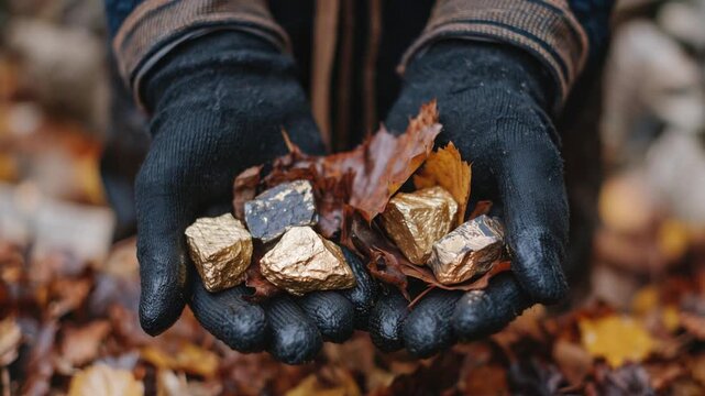 Close-up of black gloves clutching chunky gold nuggets amidst autumn leaves, with sunlight casting warm reflections on the metal.