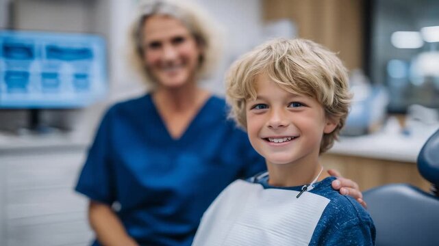 A young boy beams with pride during a dental check-up, as the dentist offers support, surrounded by tooth charts and flossing tips in a bright exam room.