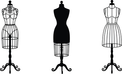 Black silhouette vector illustrations of elegant dress forms, perfect for fashion, tailoring, design, and clothing-related projects, showcasing different styles and shapes