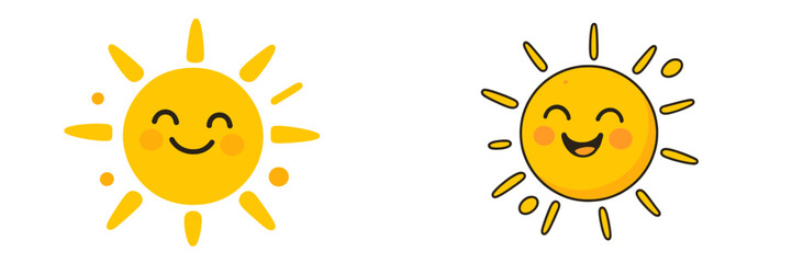 Set of two cute kawaii sun characters with smiling faces in flat and outline styles, representing a happy summer weather symbol
