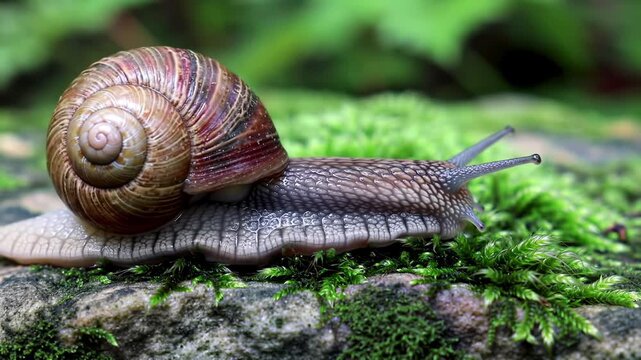 Macro footage reveals a garden snail slowly moving across vivid green moss, its spiral shell and eyestalks beautifully captured in its natural habitat