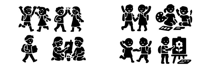 Set of black and white icons showing children and students engaged in school activities like walking, painting, and interacting with friends
