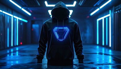 Dark and mysterious hoodie mockup with a glowing blue triangular emblem on the chest, worn by an anonymous person in a futuristic, neon-lit cyberpunk corridor with wet reflective floors