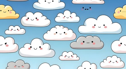 A delightful collection of cute kawaii cartoon clouds floating in a serene blue sky, perfect for a cheerful background