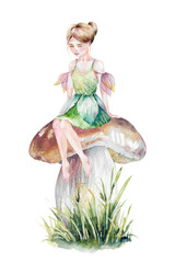 little girl in green dress sitting on boletus mushroom in grass hand drawn watercolor illustration isolated on white. Magic forest fairy for children's, amazing, wonderful design, cards, holidays