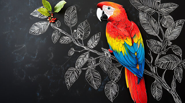 Vibrant red and blue Scarlet Macaw parrot sitting on an illustrated tree branch. An artistic concept blending a real bird with a chalk drawing on a blackboard