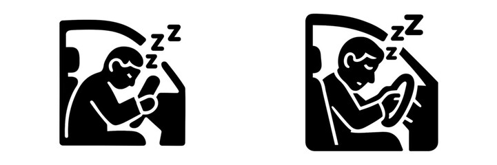 Drowsy driver falling asleep at the steering wheel black glyph icon set for road safety and fatigue awareness