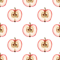 Hand drawn apple illustration, watercolor seamless pattern of fruits on white background