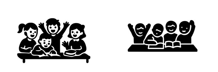 Young students in a classroom setting learning and reading books at their desks while some children raise their hands to participate