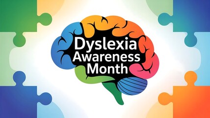 Colorful brain and puzzle pieces symbolizing dyslexia awareness month and neurodiversity