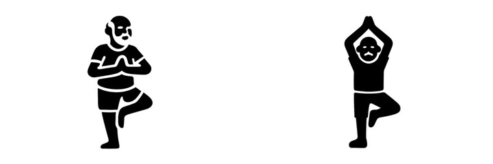 Senior man doing yoga tree pose for balance and wellness, black silhouette icon set for fitness and exercise concepts