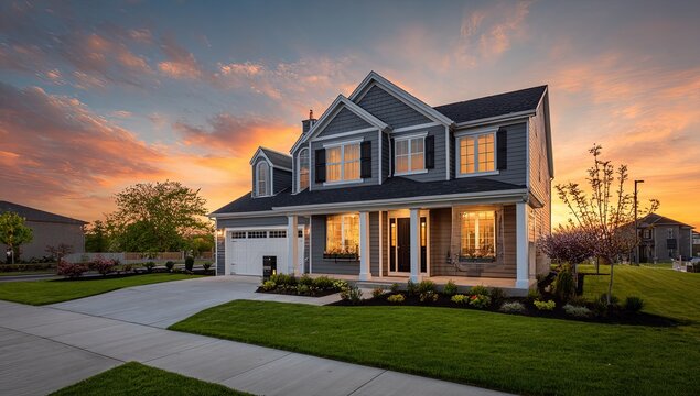 A charming two-story house at sunset