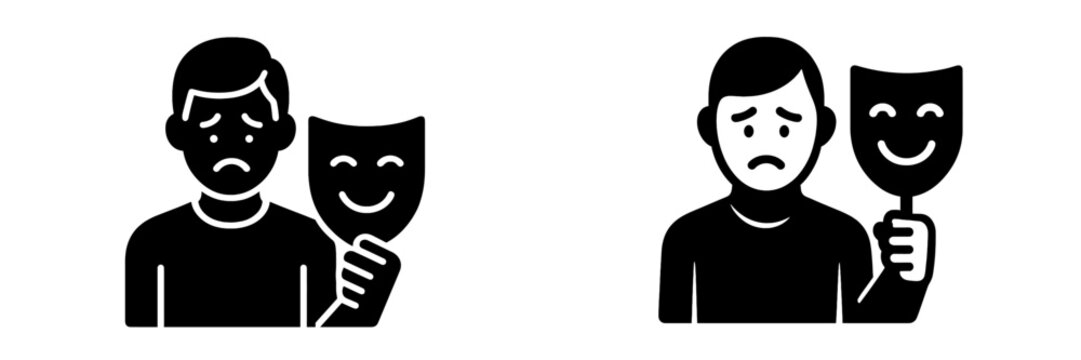 Individual concealing deep sadness and depression behind a happy smiling mask representing emotional disguise and mental health issues