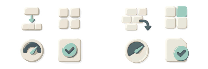 Set of 3D user interface icons for web and mobile applications featuring performance speedometer checkmark and data symbols