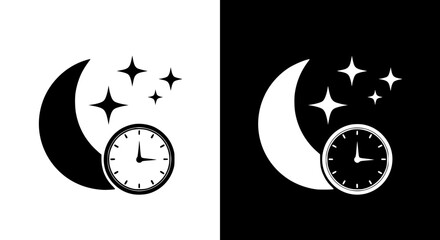 Crescent moon clock and stars icon set for nighttime and timekeeping visuals