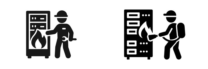 Server room fire emergency icon set with IT technician and firefighter extinguishing a burning data center rack