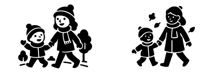 Parent and child walking in the park during autumn, a set of black and white silhouette icons for family activities