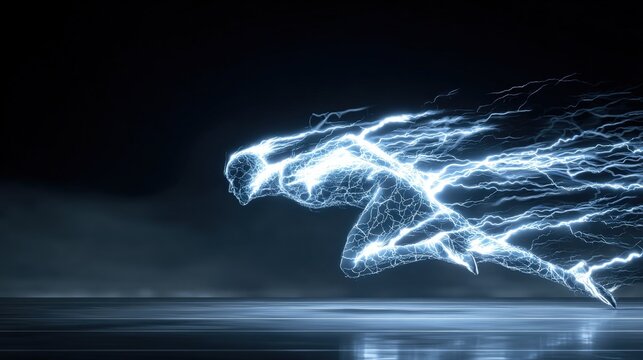 Electrified human form of blue lightning streaks running rapidly across a dark background