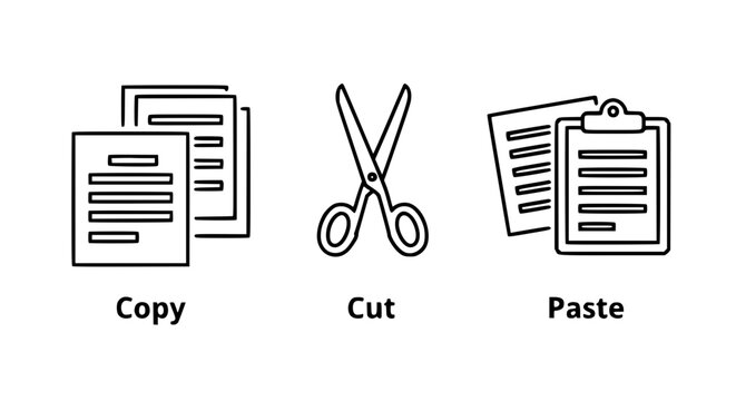 Simple line icons for copy cut paste operations in digital interfaces and documents