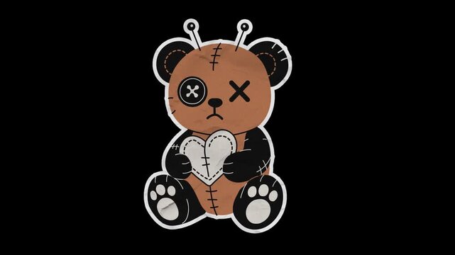 Unfolded paper sticker of Sad Voodoo Style Teddy Bear with Heart Patch. Alpha transparency