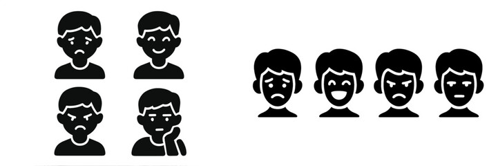 Set of black glyph icons depicting a boy's face with various emotional expressions like happy, sad, angry, and bored for user interface design and mental health concepts