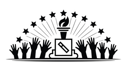 Obraz premium Black and white graphic of hands reaching for a torch with stars and a voting symbol design element