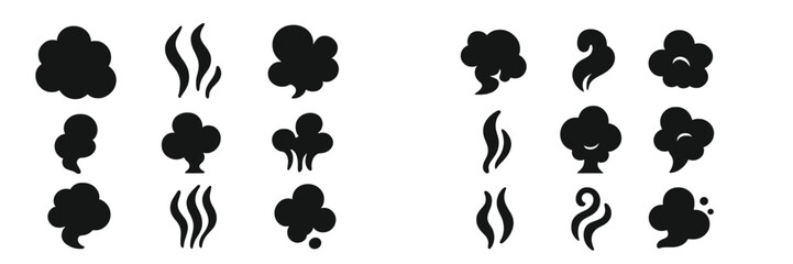 Collection of black smoke, steam, and smell icons for design elements. Cartoon vapor cloud shapes and comic puff symbols isolated on a white background