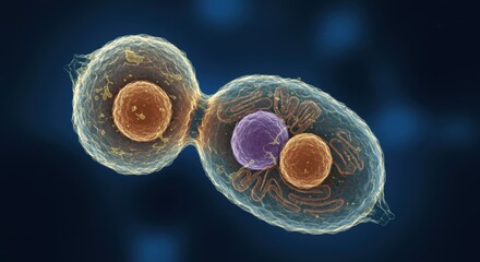 A captivating visualization of Saccharomyces yeast cell reproduction, revealing its complex internal anatomy.

