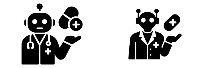 Glyph icon set with robot doctor and artificial intelligence pharmacist for medical technology, futuristic healthcare concepts, and chatbot assistants