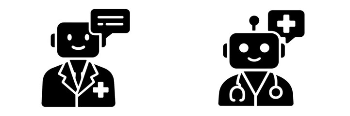 Medical chatbot and AI doctor glyph icon set for healthcare technology and virtual assistance concepts on a white background