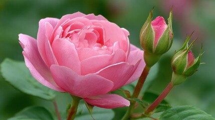 Stunning pink rose flower in full bloom with budding roses in a lush green garden setting