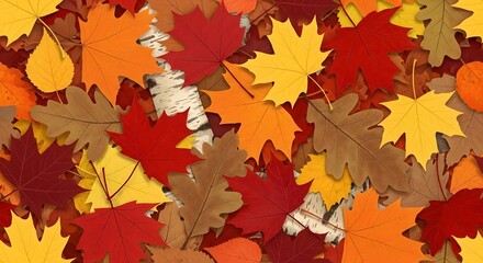 Fototapeta premium Colorful fall foliage illustration featuring a dense pile of red, orange, and yellow maple and oak leaves, perfect for a seasonal autumn background
