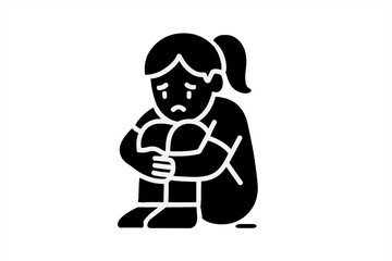 Sad girl sitting alone hugging her knees glyph icon for mental health and depression concept isolated on white background