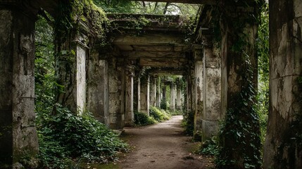 Obraz premium Overgrown colonnade with weathered stone columns and decaying ceiling, moss and ivy creeping across pillars, narrow dirt path through center, soft diffused light, evoking abandonment .