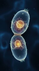 Obraz premium Saccharomyces yeast, an advanced 3D molecular reconstruction showcasing internal cellular detail during budding.