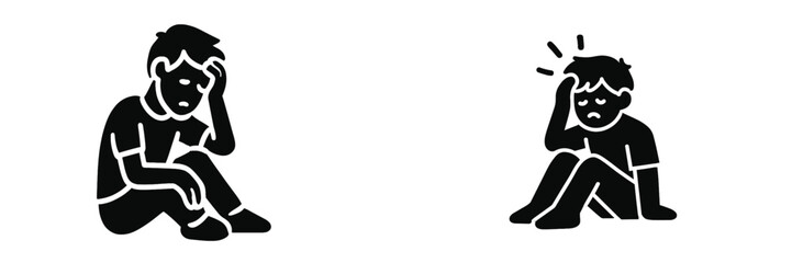 Black silhouette icon of a young person experiencing stress, depression, and headache, isolated on white