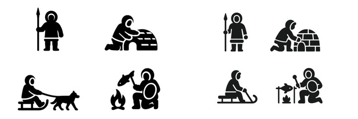 Inuit life and arctic culture glyphs depicting traditional activities like hunting, igloo building, and dog sledding